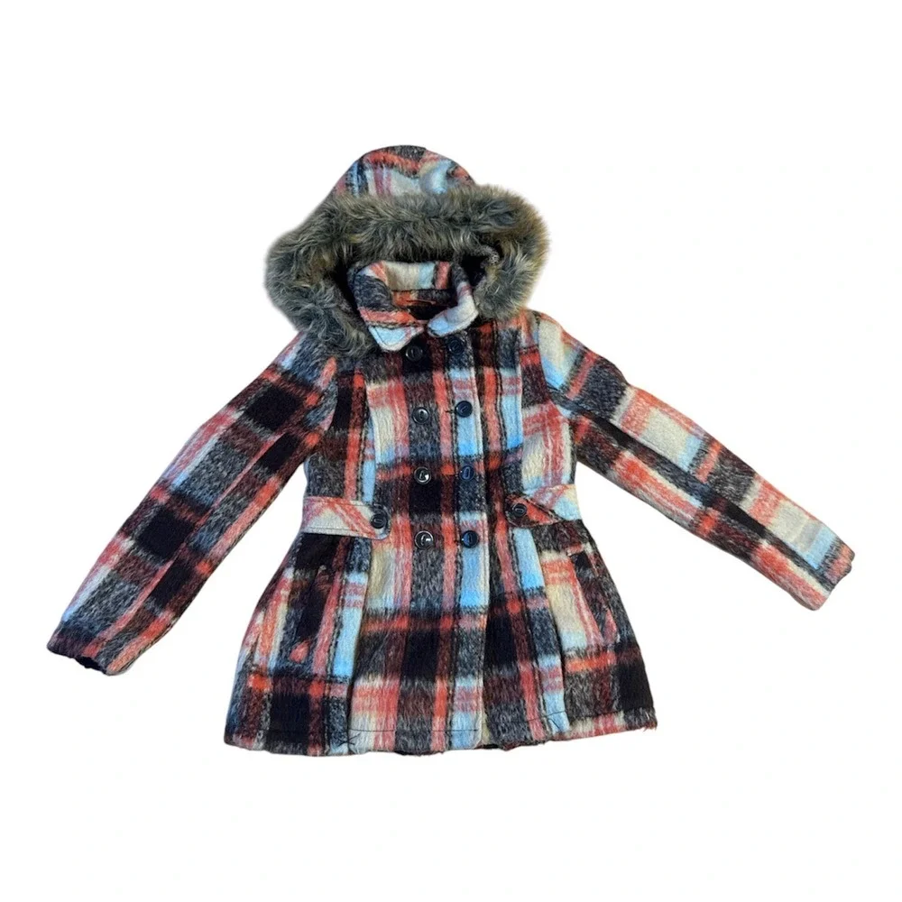 Urban Republic Coat Girls 14 Multicolor Plaid Pleated Faux Fur Hood Pockets